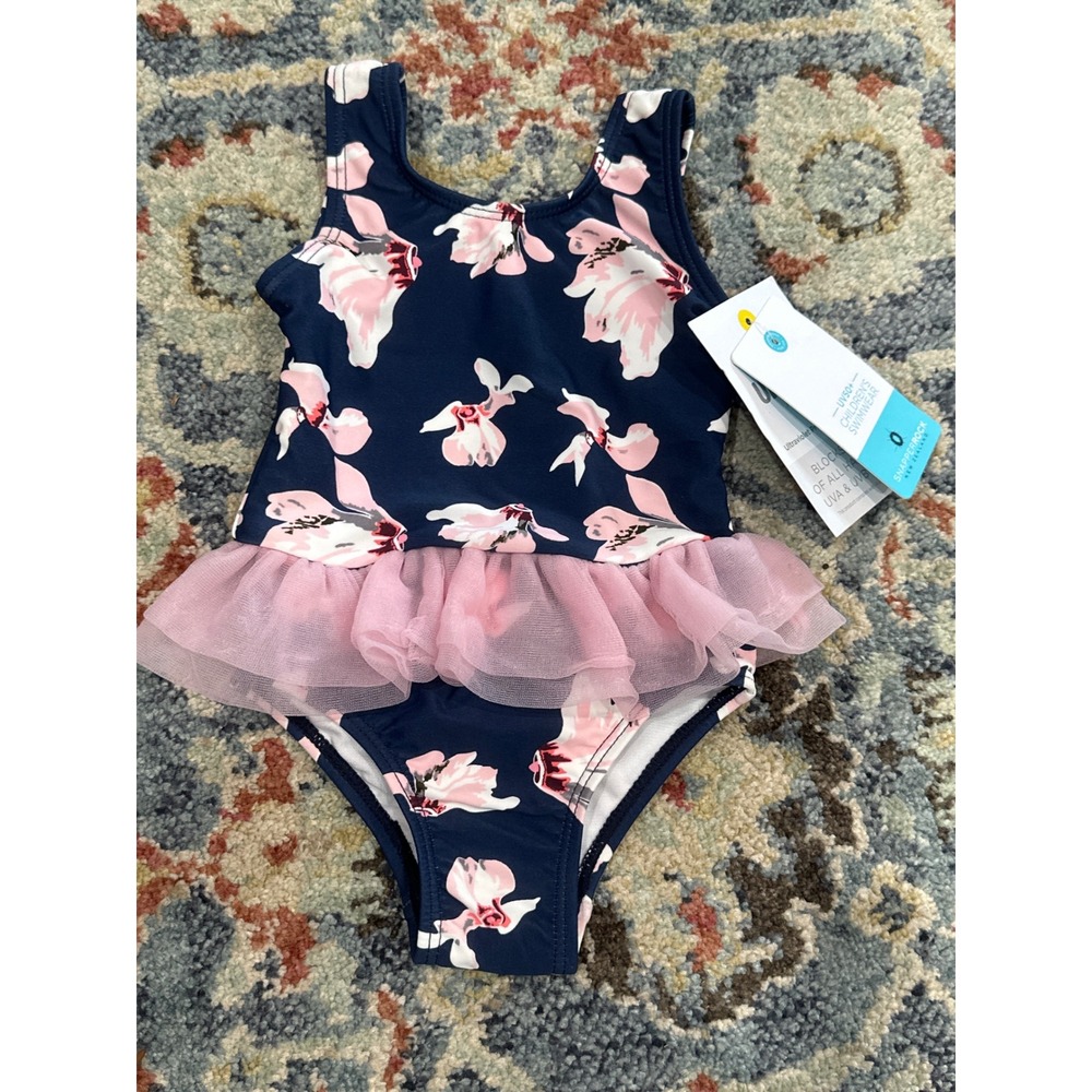 Snapper Rock Navy Floral One-Piece with Pink Tulle Ruffle